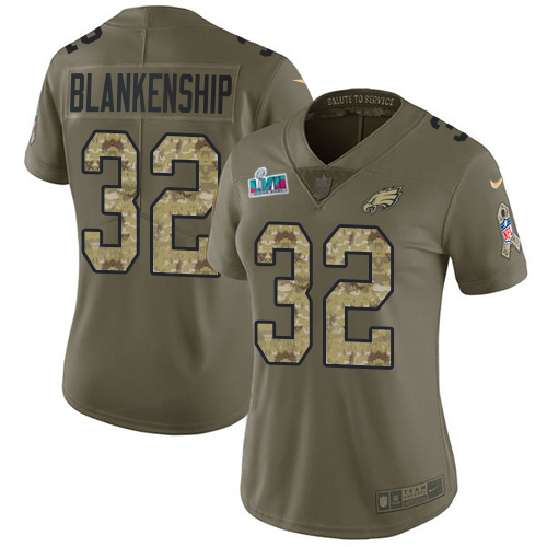 Eagles #32 Reed Blankenship Olive/Camo Super Bowl LVII Patch Women's Stitched Limited 2017 Salute To Service Jersey