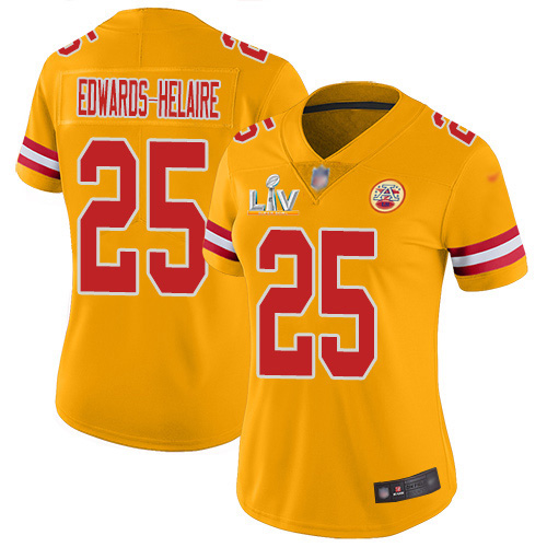 Chiefs #25 Clyde Edwards-Helaire Gold Women's Super Bowl LV Bound Stitched Limited Inverted Legend Jersey