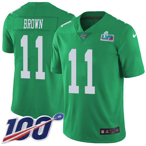 Eagles #11 A.J. Brown Green Super Bowl LVII Patch Men's Stitched Limited Rush 100th Season Jersey
