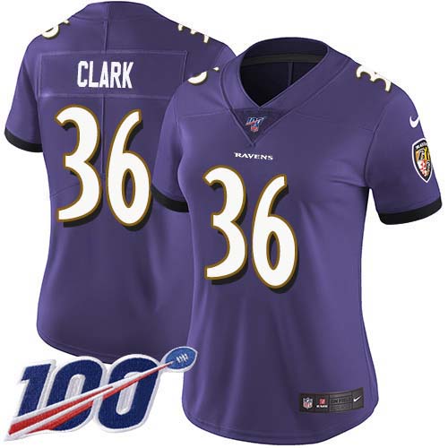 Baltimore Ravens #36 Chuck Clark Purple Team Color Women's Stitched 100th Season Vapor Untouchable Limited Jersey Womens