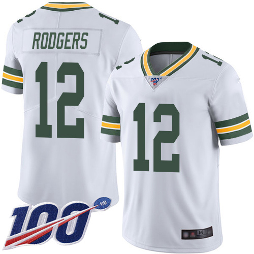 Packers #12 Aaron Rodgers White Men's Stitched 100th Season Vapor Limited Jersey