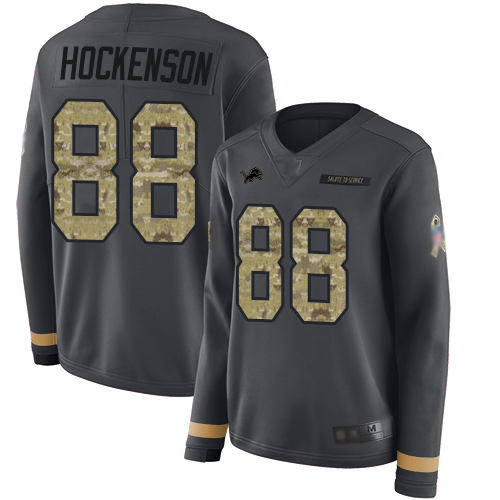 Detroit Lions #88 T.J. Hockenson Anthracite Salute to Service Women's Stitched Limited Therma Long Sleeve Jersey Womens