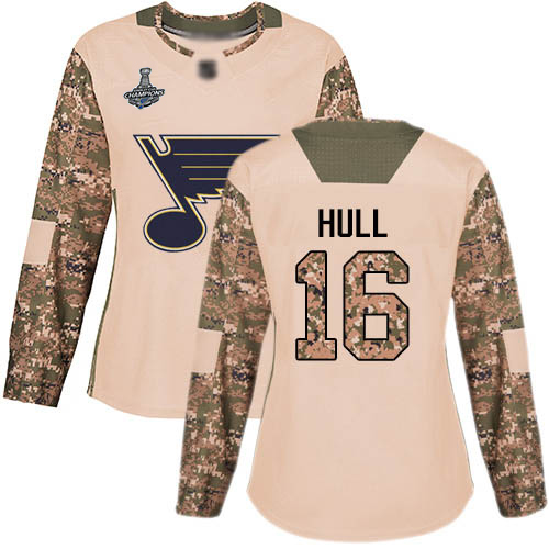 Adidas St. Louis Blues #16 Brett Hull Camo Authentic 2017 Veterans Day Stanley Cup Champions Women's Stitched Jersey Womens