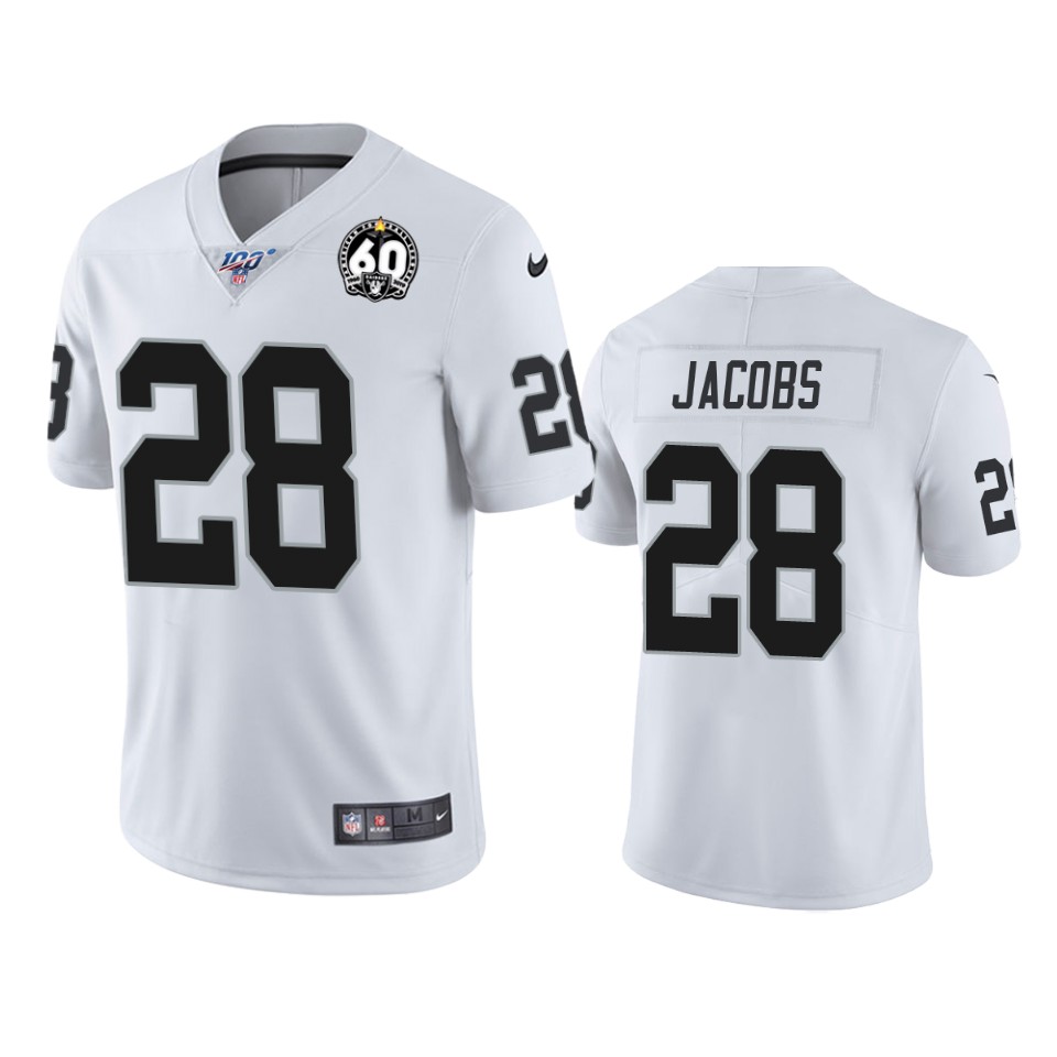 Raiders #28 Josh Jacobs White 60th Anniversary Vapor Limited Stitched 100th Season Jersey