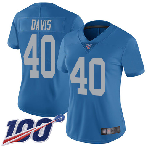 Detroit Lions #40 Jarrad Davis Blue Throwback Women's Stitched 100th Season Vapor Limited Jersey Womens