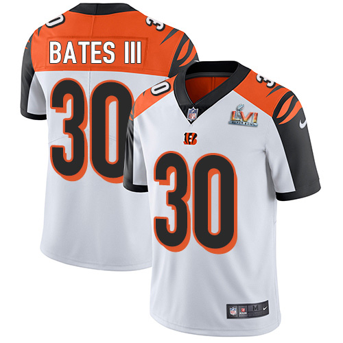 Bengals #30 Jessie Bates White Super Bowl LVI Patch Men's Stitched Vapor Untouchable Limited Jersey