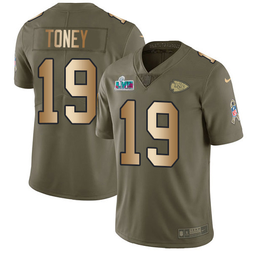 Chiefs #19 Kadarius Toney Olive/Gold Super Bowl LVII Patch Youth Stitched Limited 2017 Salute To Service Jersey