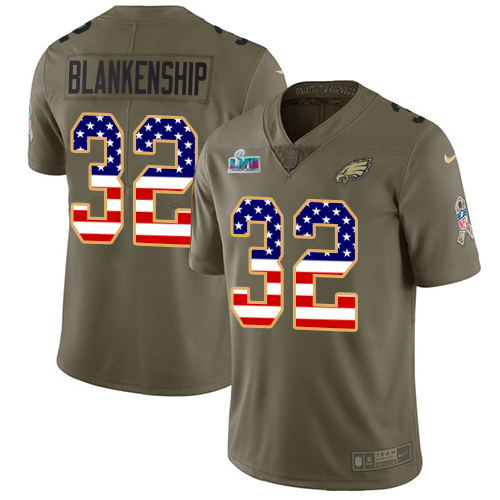 Eagles #32 Reed Blankenship Olive/USA Flag Super Bowl LVII Patch Youth Stitched Limited 2017 Salute To Service Jersey