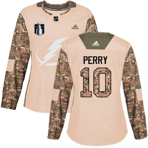 Adidas Tampa Bay Lightning #10 Corey Perry Camo Women's Authentic 2022 Stanley Cup Final Patch Veterans Day Stitched Jersey Womens
