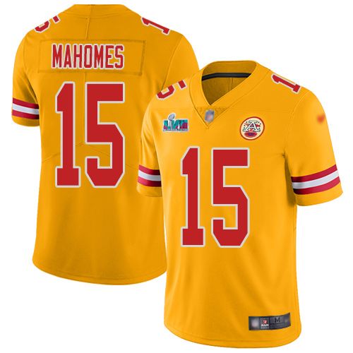 Chiefs #15 Patrick Mahomes Gold Super Bowl LVII Patch Men's Stitched Limited Inverted Legend Jersey