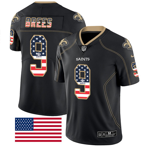 Saints #9 Drew Brees Black Men's Stitched Limited Rush USA Flag Jersey