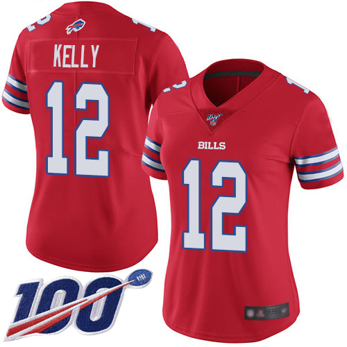 Bills #12 Jim Kelly Red Women's Stitched Limited Rush 100th Season Jersey