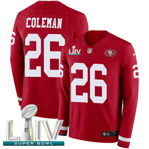 San Francisco 49ers #26 Tevin Coleman Red Super Bowl LIV 2020 Team Color Men's Stitched Limited Therma Long Sleeve Jersey Men's