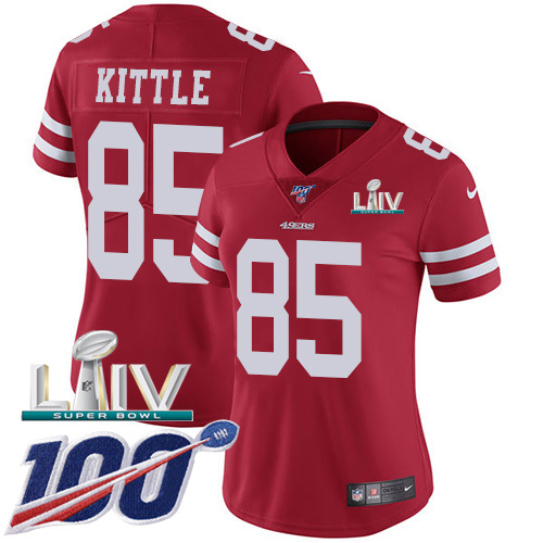 49ers #85 George Kittle Red Super Bowl LIV 2020 Team Color Women's Stitched 100th Season Vapor Limited Jersey