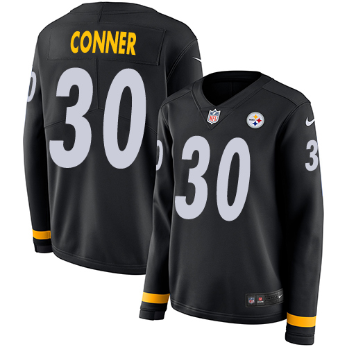 Pittsburgh Steelers #30 James Conner Black Team Color Women's Stitched Limited Therma Long Sleeve Jersey Womens