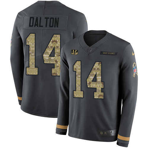 Cincinnati Bengals #14 Andy Dalton Anthracite Salute to Service Men's Stitched Limited Therma Long Sleeve Jersey Men's