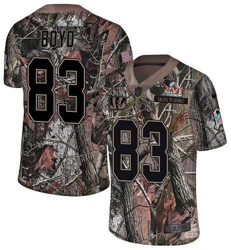 Bengals #83 Tyler Boyd Camo Super Bowl LVI Patch Youth Stitched Limited Rush Realtree Jersey
