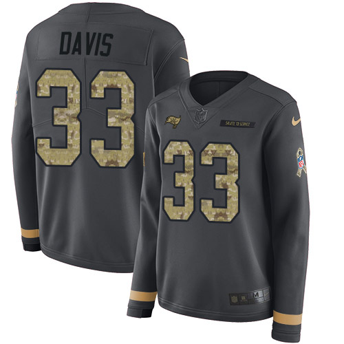 Tampa Bay Buccaneers #33 Carlton Davis III Anthracite Salute to Service Women's Stitched Limited Therma Long Sleeve Jersey Womens