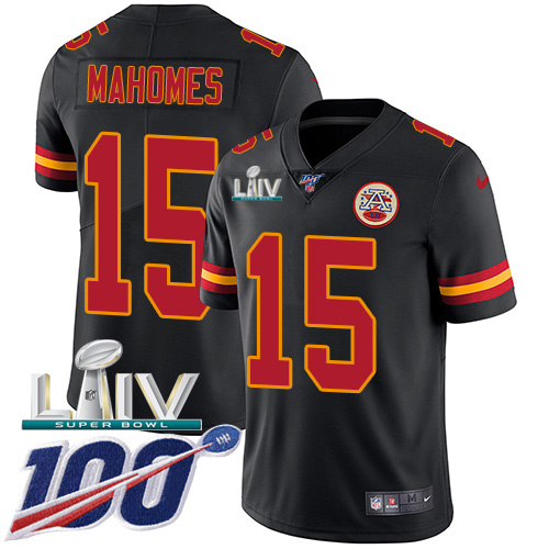 Chiefs #15 Patrick Mahomes Black Super Bowl LIV 2020 Youth Stitched Limited Rush 100th Season Jersey