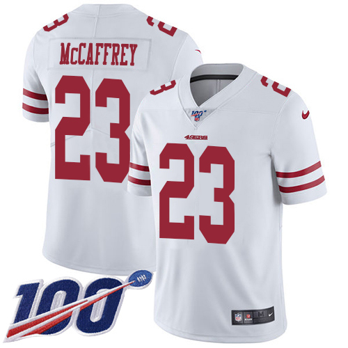 49ers #23 Christian McCaffrey White Men's Stitched 100th Season Vapor Limited Jersey