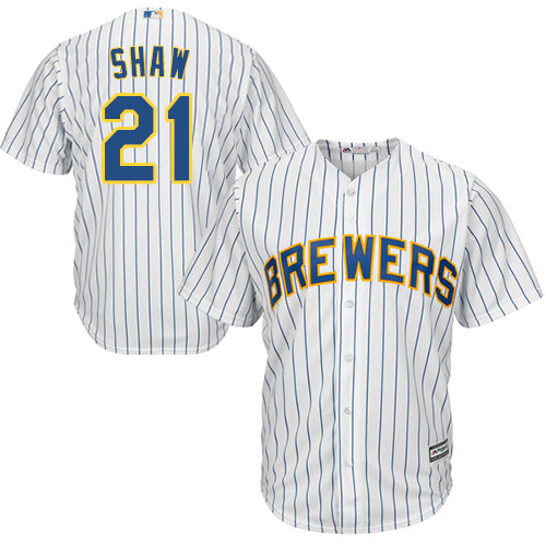 Milwaukee Brewers #21 Travis Shaw White Strip Cool Base Stitched Youth Jersey Youth