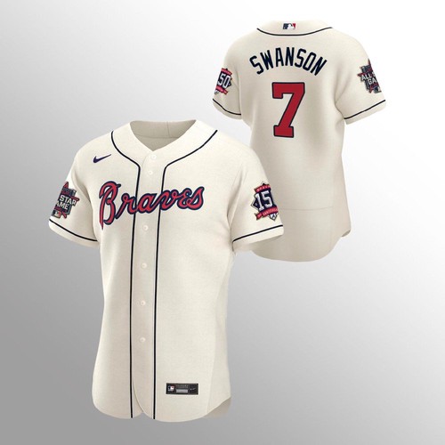 Atlanta Atlanta Braves #7 Dansby Swanson Men's 150th Anniversary 2021 World Series Authentic Jersey - Cream Men's