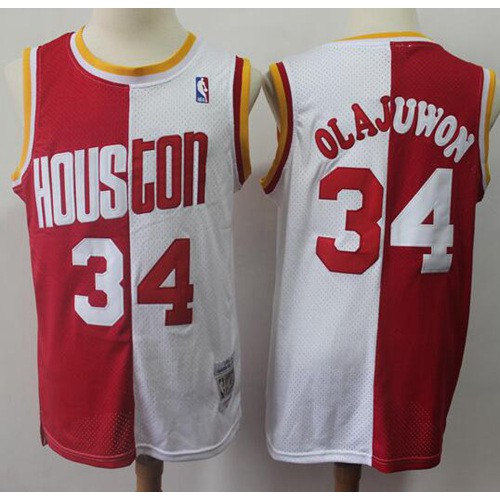 Mitchell And Ness Split Fashion Houston Rockets #34 Hakeem Olajuwon Red/White Stitched Jersey Mens