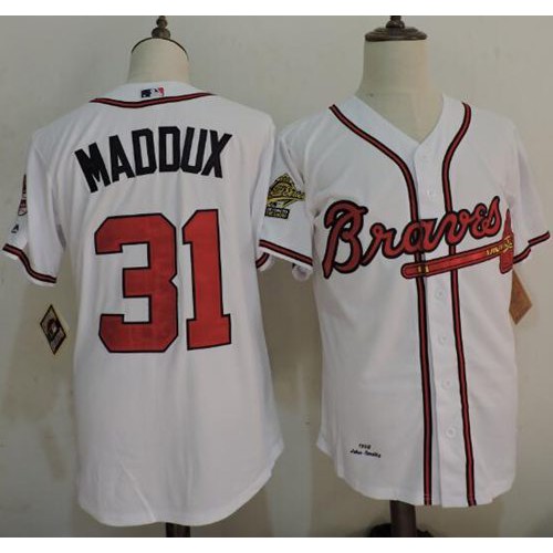 Mitchell And Ness 1995 Atlanta Braves #31 Greg Maddux White Throwback Stitched Jersey Men's