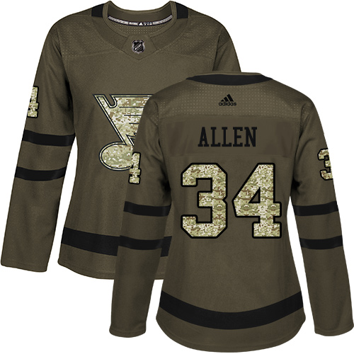 Adidas St. Louis Blues #34 Jake Allen Green Salute to Service Women's Stitched Jersey Womens