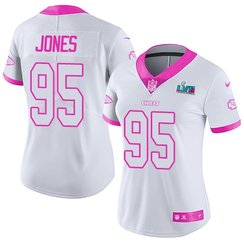 Chiefs #95 Chris Jones White/Pink Super Bowl LVII Patch Women's Stitched Limited Rush Fashion Jersey