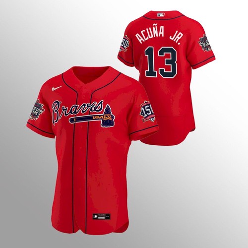 Atlanta Atlanta Braves #13 Ronald Acuna Jr. Men's 150th Anniversary 2021 World Series Authentic Jersey - Red Men's