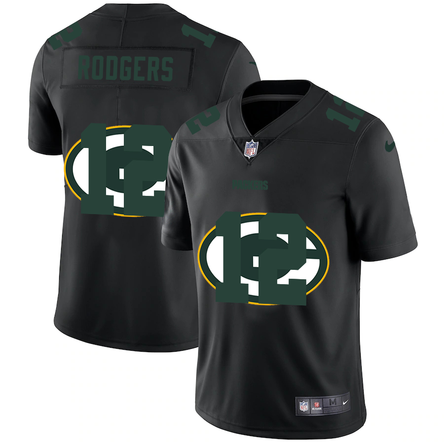 Green Bay Packers #12 Aaron Rodgers Men's Team Logo Dual Overlap Limited Jersey Black