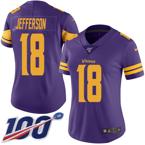 Vikings #18 Justin Jefferson Purple Women's Stitched Limited Rush 100th Season Jersey