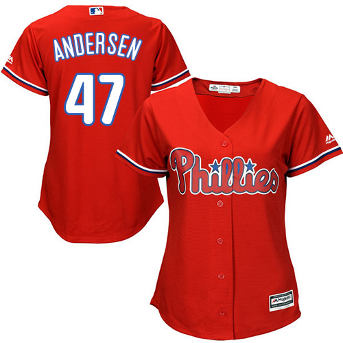 Philadelphia Phillies #47 Larry Andersen Red Alternate Women's Stitched Jersey Womens