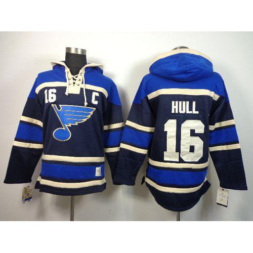 St. Louis Blues #16 Brett Hull Navy Blue Sawyer Hooded Sweatshirt Stitched Jersey Men's