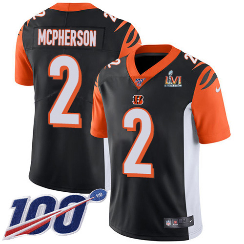 Bengals #2 Evan McPherson Black Team Color Super Bowl LVI Patch Men's Stitched 100th Season Vapor Limited Jersey