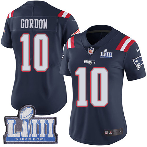 New England Patriots #10 Josh Gordon Navy Blue Super Bowl LIII Bound Women's Stitched Limited Rush Jersey Womens