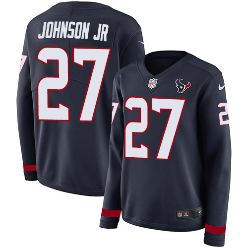 Houston Texans #27 Duke Johnson Jr Navy Blue Team Color Women's Stitched Limited Therma Long Sleeve Jersey Womens