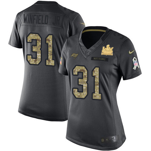Tampa Bay Buccaneers #31 Antoine Winfield Jr. Black Women's Super Bowl LV Champions Patch Stitched Limited 2016 Salute to Service Jersey Womens