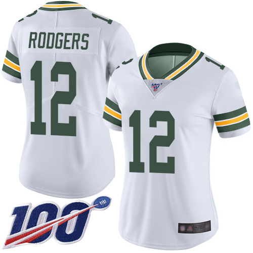 Packers #12 Aaron Rodgers White Women's Stitched 100th Season Vapor Limited Jersey
