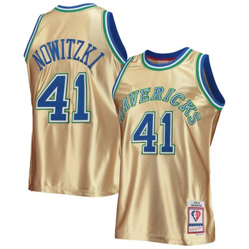 Dallas Mavericks #41 Dirk Nowitzki Mens Gold Mitchell & Ness 75th Anniversary 1998-99 Hardwood Classics Swingman Jersey Mens