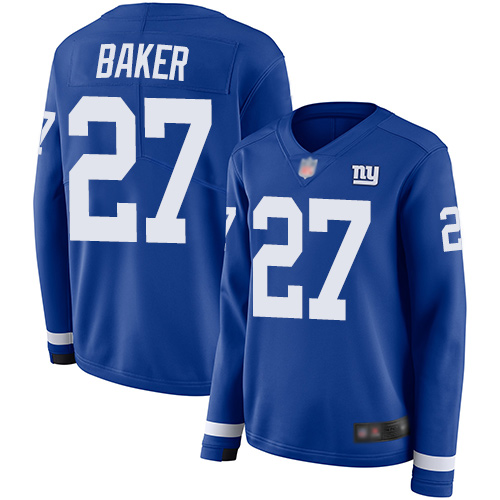 New York Giants #27 Deandre Baker Royal Blue Team Color Women's Stitched Limited Therma Long Sleeve Jersey Womens