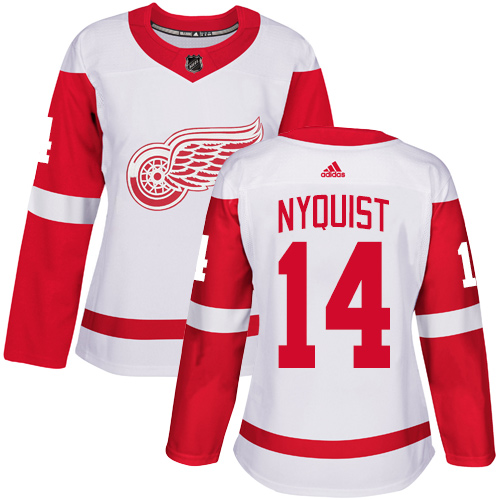 Adidas Detroit Red Wings #14 Gustav Nyquist White Road Authentic Women's Stitched Jersey Womens