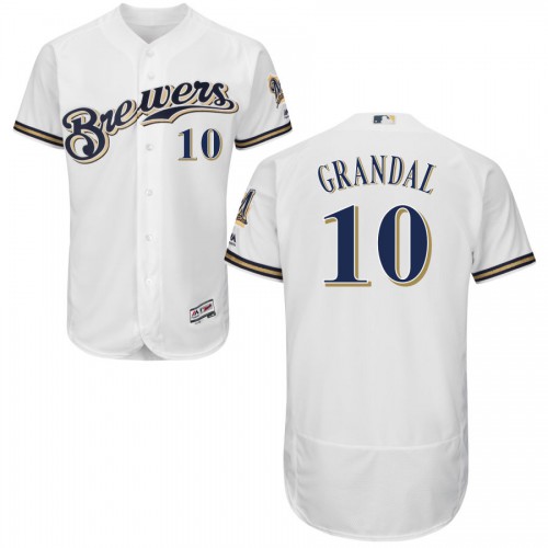 Milwaukee Milwaukee Brewers #10 Yasmani Grandal White Flex Base Authentic Stitched Jersey Men's