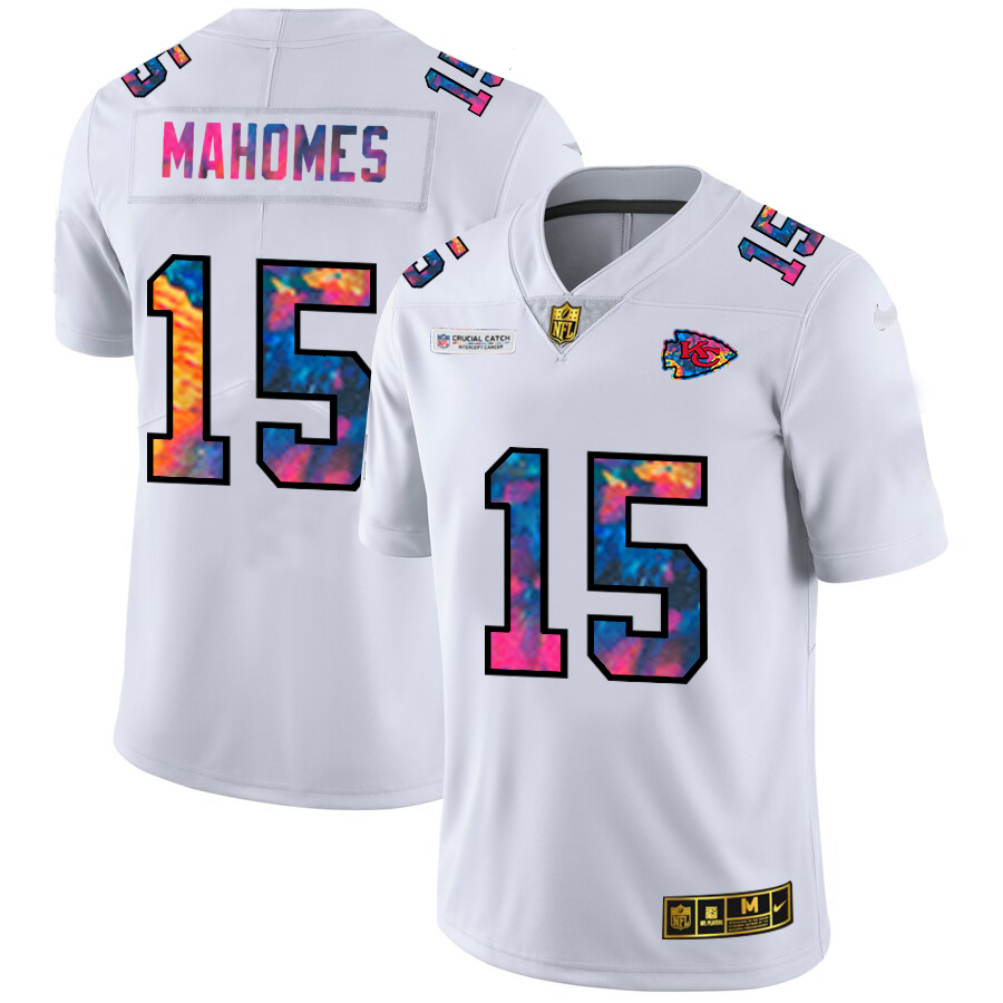 Kansas City Chiefs #15 Patrick Mahomes Men's White Multi-Color 2020 Crucial Catch Limited Jersey