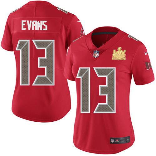 Buccaneers #13 Mike Evans Red Women's Super Bowl LV Champions Patch Stitched Limited Rush Jersey