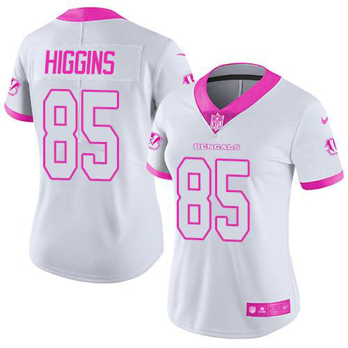 Bengals #85 Tee Higgins White/Pink Women's Stitched Limited Rush Fashion Jersey