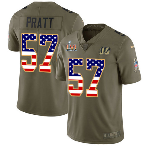 Cincinnati Bengals #57 Germaine Pratt Olive/USA Super Bowl LVI Patch Flag Youth Stitched Limited 2017 Salute To Service Jersey Youth