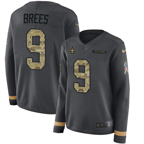 Saints #9 Drew Brees Anthracite Salute To Service Women's Stitched Limited Therma Long Sleeve Jersey