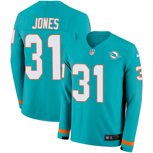Miami Dolphins #31 Byron Jones Aqua Green Team Color Men's Stitched Limited Therma Long Sleeve Jersey Men's